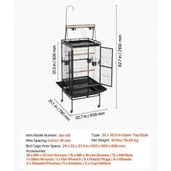 VEVOR Bird Cage, 32.7 x 31.1 x 82.7 inch, Open Flat Top, Wrought Iron Bird Flight Cage with Perches, Slide-Out Tray, Plastic Feeders, for Cockatiel, Monk Parakeet, Amazon Parrot, African Grey Parrot
