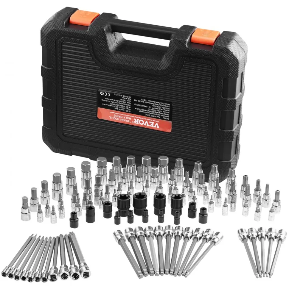 VEVOR Bit Socket Set, 107-Piece SAE and Metric, Hex/Torx/External Torx/Tamper-Proof/Extra Long, S2 Alloy Steel and Cr-V Steel, 1/4 in, 3/8 in, and 1/2 in Drives, with Enhanced Storage Case, Hand Use