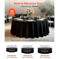 VEVOR Black Round Tablecloths 10 Pack, 120 Inches in Diameter, Stain- & Wrinkle- Resistant, Machine Washable Table Clothes, Polyester Fabric Table Covers for Wedding, Party, Banquet, Formal Events