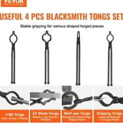 VEVOR Blacksmith Tongs, 18” 4 PCS, V-Bit Bolt Tongs, Wolf Jaw Tongs, Z V-Bit Tongs and Gripping Tongs, Carbon Steel Forge Tongs with A3 Steel Rivets, for Beginner and Seasoned Blacksmiths, Bladesmiths