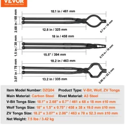 VEVOR Blacksmith Tongs, 18” 3 PCS, V-Bit Bolt Tongs, Wolf Jaw Tongs and Z V-Bit Tongs, Carbon Steel Forge Tongs with A3 Steel Rivets, for Beginner and Seasoned Blacksmiths, Bladesmiths and Craftsmen