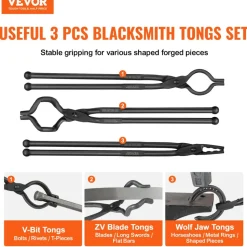 VEVOR Blacksmith Tongs, 18” 3 PCS, V-Bit Bolt Tongs, Wolf Jaw Tongs and Z V-Bit Tongs, Carbon Steel Forge Tongs with A3 Steel Rivets, for Beginner and Seasoned Blacksmiths, Bladesmiths and Craftsmen