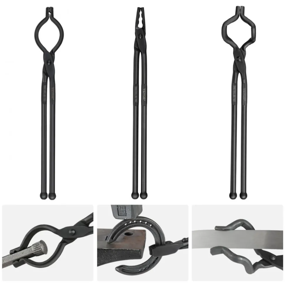 VEVOR Blacksmith Tongs, 18” 3 PCS, V-Bit Bolt Tongs, Wolf Jaw Tongs and Z V-Bit Tongs, Carbon Steel Forge Tongs with A3 Steel Rivets, for Beginner and Seasoned Blacksmiths, Bladesmiths and Craftsmen