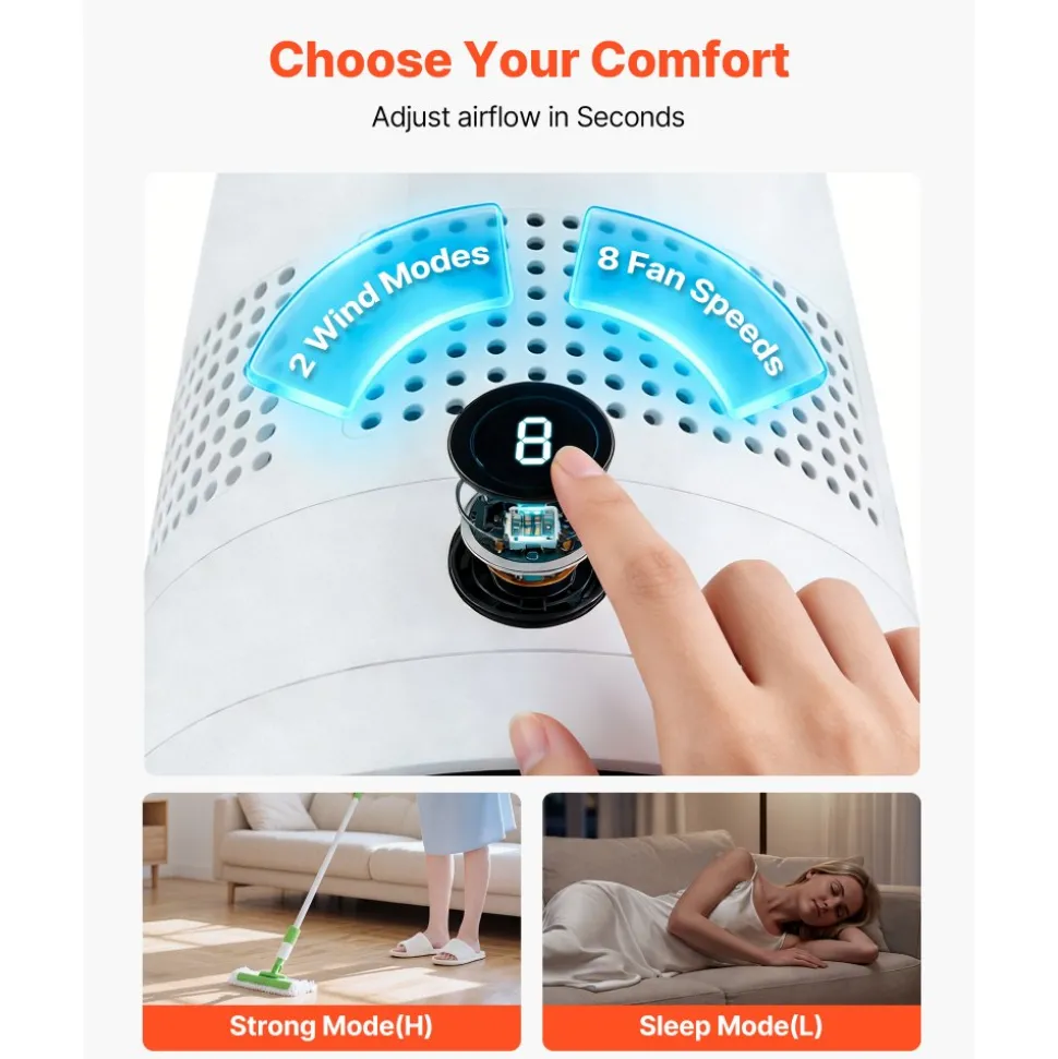VEVOR Bladeless Tower Fan, 65° Oscillating Standing Fan, 12 Speeds & 4 Modes & 8H Timer, 14.76 ft/s High Velocity Floor Air Circulator, Powerful Airflow for Bedroom, Living Room, Home, Office, White