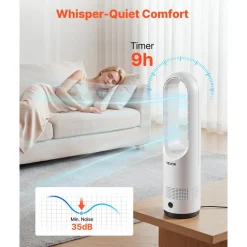 VEVOR Bladeless Tower Fan, 65° Oscillating Standing Fan, 12 Speeds & 4 Modes & 8H Timer, 14.76 ft/s High Velocity Floor Air Circulator, Powerful Airflow for Bedroom, Living Room, Home, Office, White