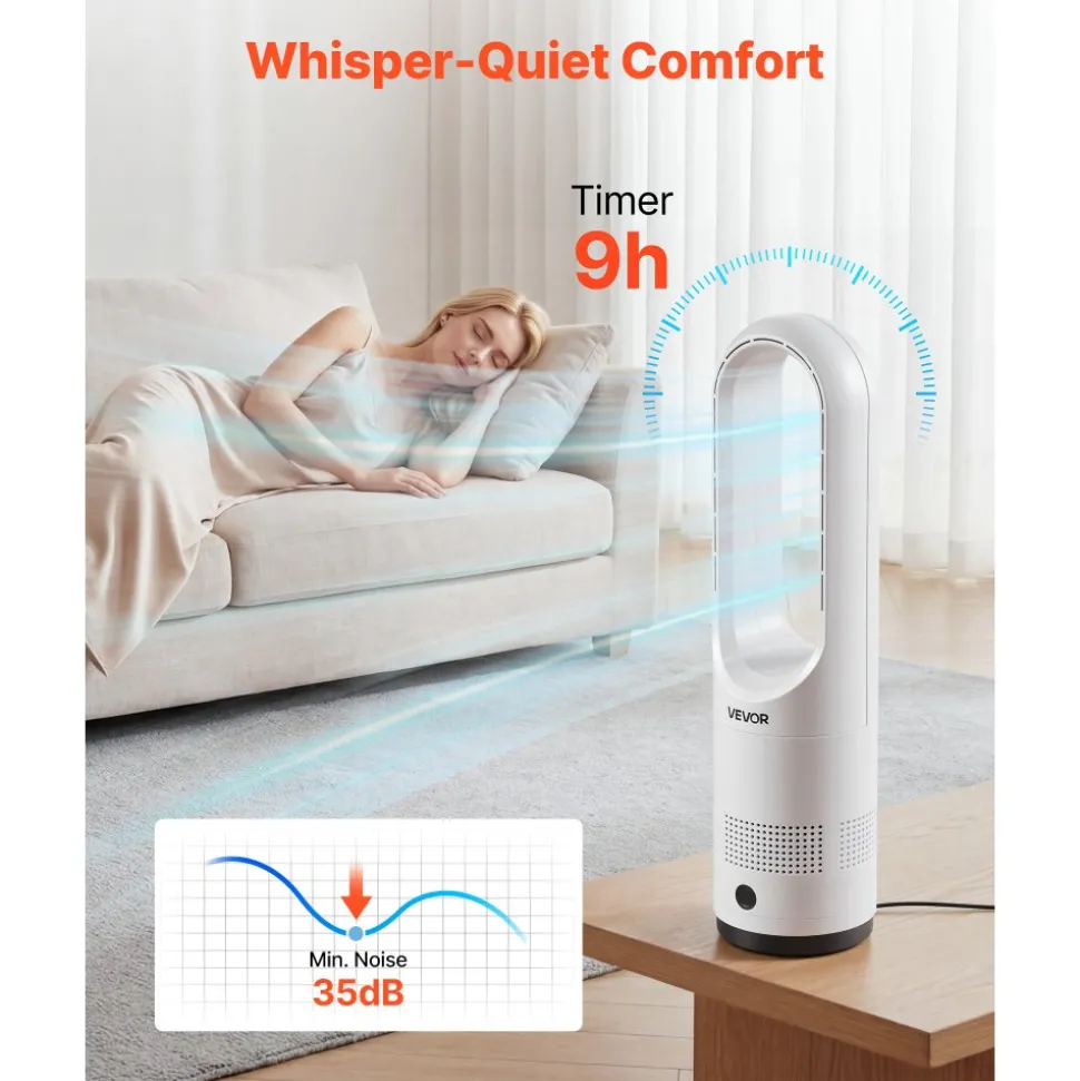 VEVOR Bladeless Tower Fan, 65° Oscillating Standing Fan, 12 Speeds & 4 Modes & 8H Timer, 14.76 ft/s High Velocity Floor Air Circulator, Powerful Airflow for Bedroom, Living Room, Home, Office, White