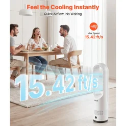 VEVOR Bladeless Tower Fan, 65° Oscillating Standing Fan, 12 Speeds & 4 Modes & 8H Timer, 14.76 ft/s High Velocity Floor Air Circulator, Powerful Airflow for Bedroom, Living Room, Home, Office, White