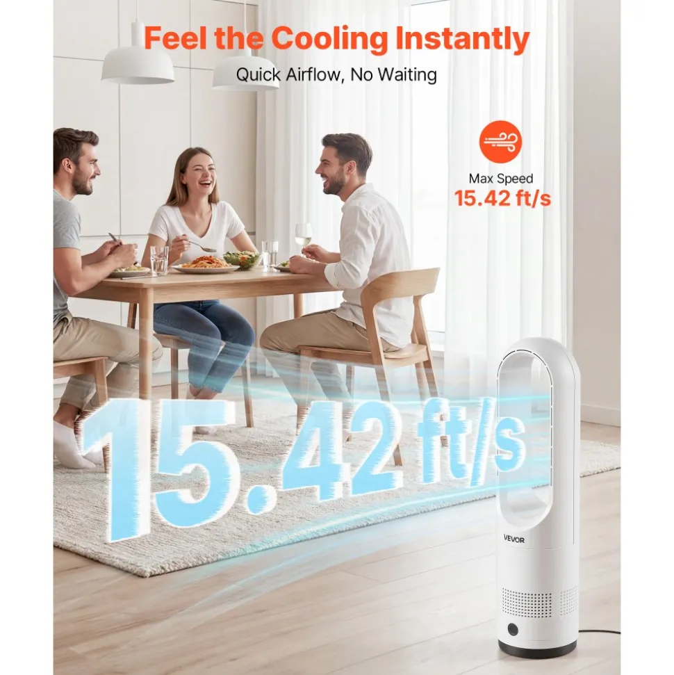 VEVOR Bladeless Tower Fan, 65° Oscillating Standing Fan, 12 Speeds & 4 Modes & 8H Timer, 14.76 ft/s High Velocity Floor Air Circulator, Powerful Airflow for Bedroom, Living Room, Home, Office, White