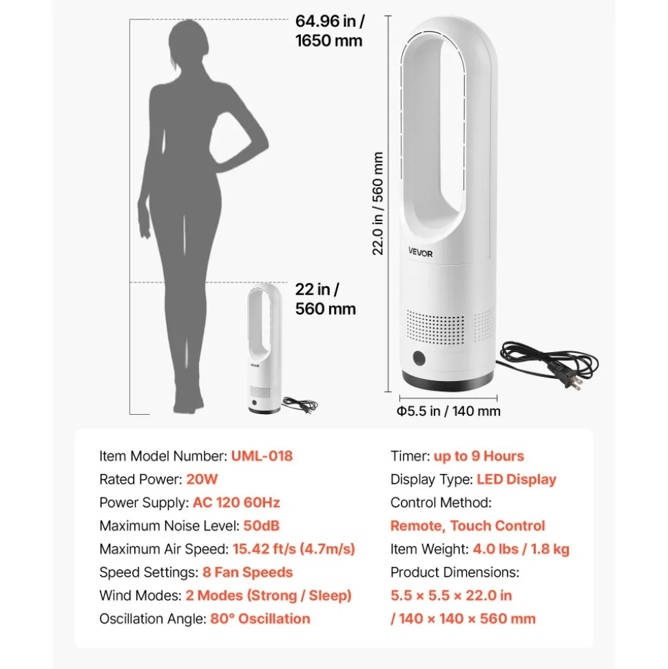 VEVOR Bladeless Tower Fan, 65° Oscillating Standing Fan, 12 Speeds & 4 Modes & 8H Timer, 14.76 ft/s High Velocity Floor Air Circulator, Powerful Airflow for Bedroom, Living Room, Home, Office, White