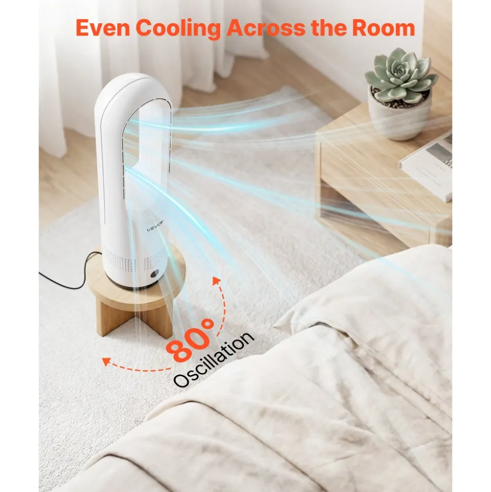 VEVOR Bladeless Tower Fan, 65° Oscillating Standing Fan, 12 Speeds & 4 Modes & 8H Timer, 14.76 ft/s High Velocity Floor Air Circulator, Powerful Airflow for Bedroom, Living Room, Home, Office, White