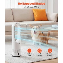 VEVOR Bladeless Tower Fan, 65° Oscillating Standing Fan, 12 Speeds & 4 Modes & 8H Timer, 14.76 ft/s High Velocity Floor Air Circulator, Powerful Airflow for Bedroom, Living Room, Home, Office, White