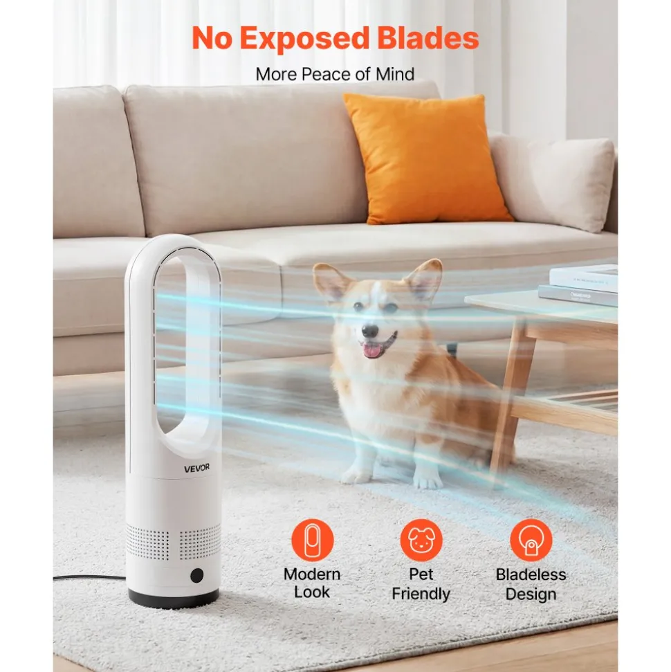 VEVOR Bladeless Tower Fan, 65° Oscillating Standing Fan, 12 Speeds & 4 Modes & 8H Timer, 14.76 ft/s High Velocity Floor Air Circulator, Powerful Airflow for Bedroom, Living Room, Home, Office, White