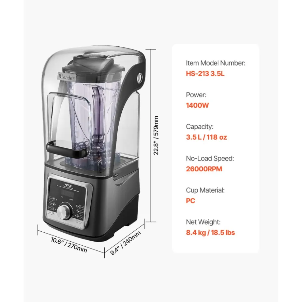 VEVOR Blender for Smoothies, 135 oz 1400W, Professional Blender with Powerful Motor, Multi-Functional Food Processing Blender with Noise Cover for Smoothie/Milkshake/Juice, Fits for Kitchen