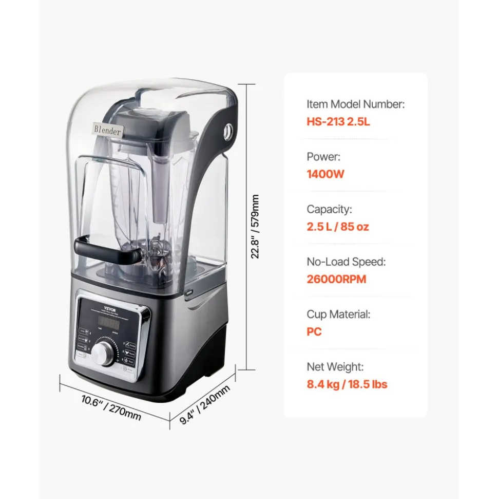 VEVOR Blender for Smoothies, 85 oz 1400W, Professional Blender with Powerful Motor, Multi-Functional Food Processing Blender with Noise Cover for Smoothie/Milkshake/Juice, Fits for Kitchen