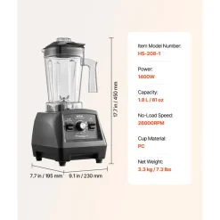 VEVOR Blender for Smoothies, 61 oz 1400W, Professional Blender with Powerful Motor, Multi-Functional Food Processing Blender with 2 Cups for Smoothie/Milkshake/Juice, Fits for Kitchen