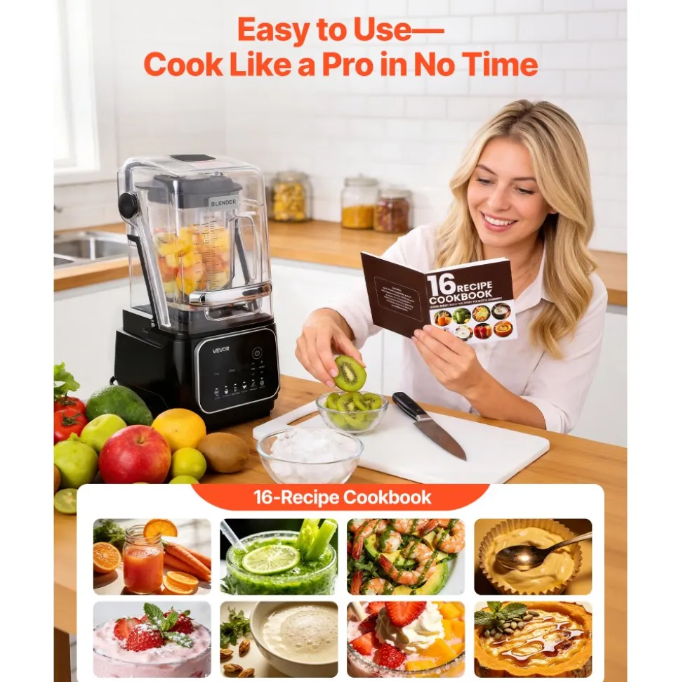 VEVOR Blender, 68 oz Professional Countertop Blenders with Shield, 2200W 26000RPM Kitchen Food Processor Combo, Self-Cleaning, Speed Adjustable, 6 Preset Menu for Smoothies, Ice Crushing, Puree, Black