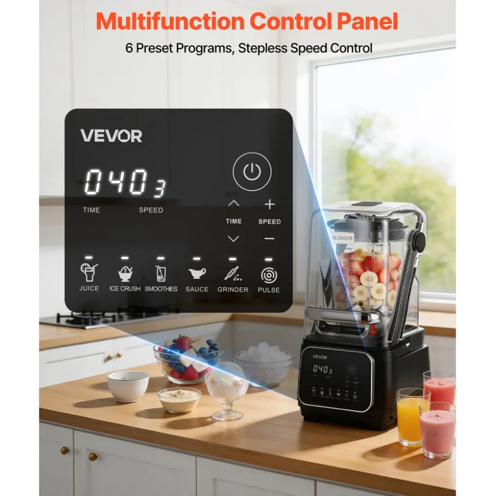 VEVOR Blender, 68 oz Professional Countertop Blenders with Shield, 2200W 26000RPM Kitchen Food Processor Combo, Self-Cleaning, Speed Adjustable, 6 Preset Menu for Smoothies, Ice Crushing, Puree, Black