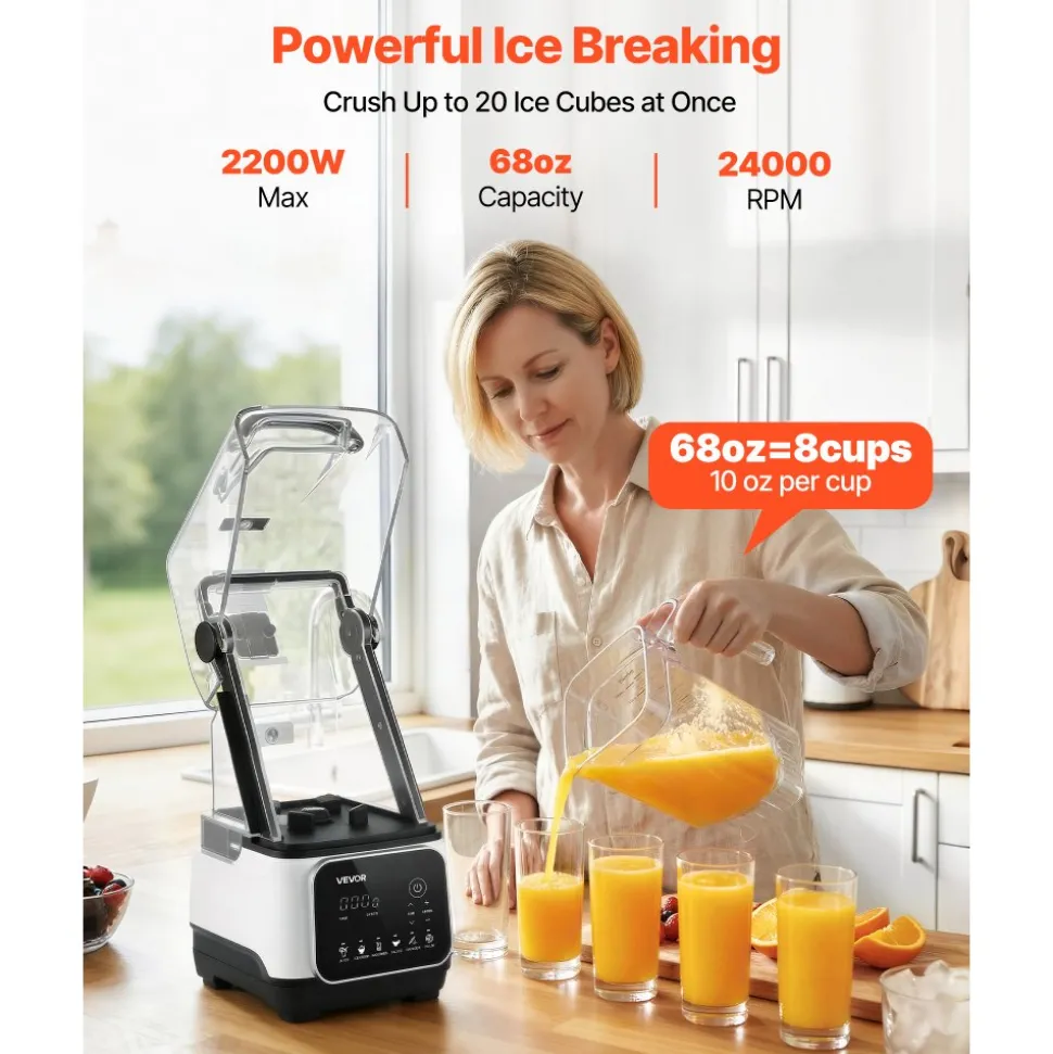 VEVOR Blender, 68 oz Professional Countertop Blenders with Shield, 1400W 26000RPM Kitchen Food Processor Combo, Self-Cleaning, Speed Adjustable, 6 Preset Menu for Smoothies, Ice Crushing, Puree, White