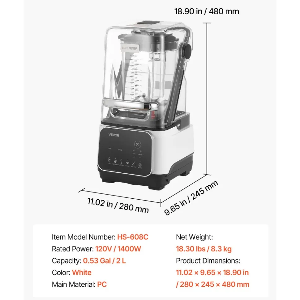 VEVOR Blender, 68 oz Professional Countertop Blenders with Shield, 1400W 26000RPM Kitchen Food Processor Combo, Self-Cleaning, Speed Adjustable, 6 Preset Menu for Smoothies, Ice Crushing, Puree, White