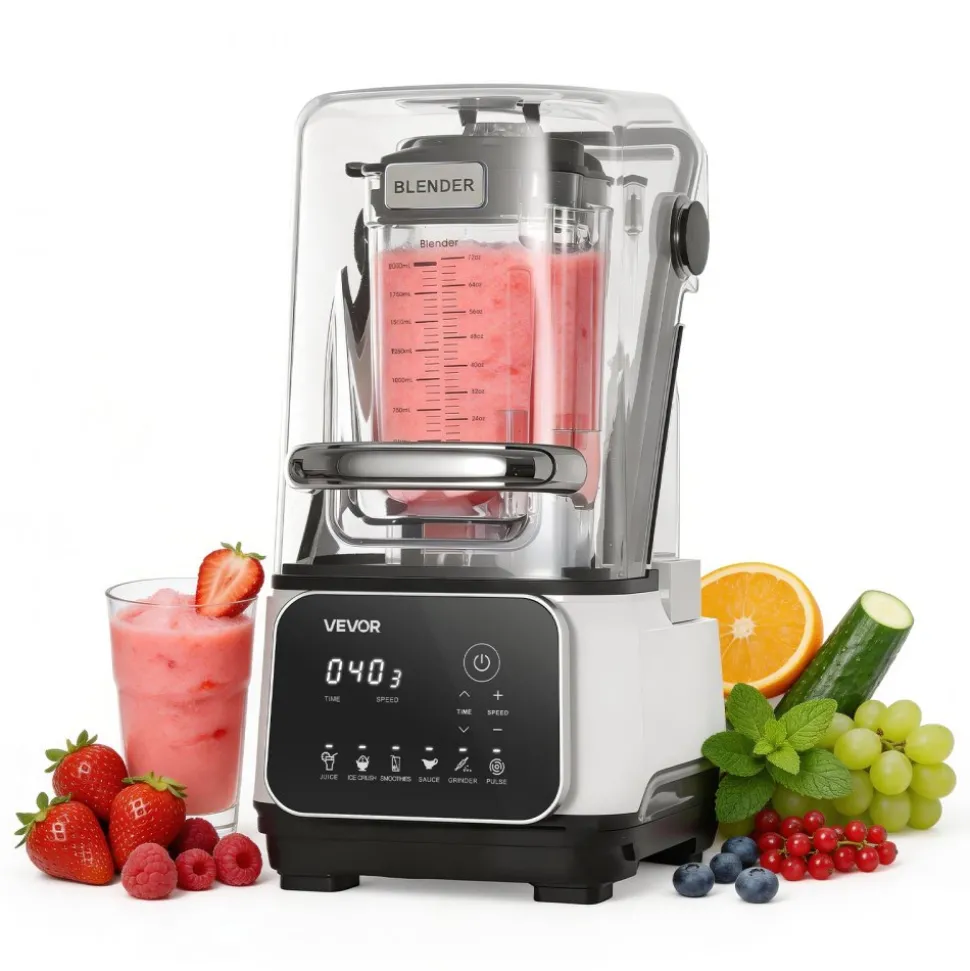 VEVOR Blender, 68 oz Professional Countertop Blenders with Shield, 1400W 26000RPM Kitchen Food Processor Combo, Self-Cleaning, Speed Adjustable, 6 Preset Menu for Smoothies, Ice Crushing, Puree, White