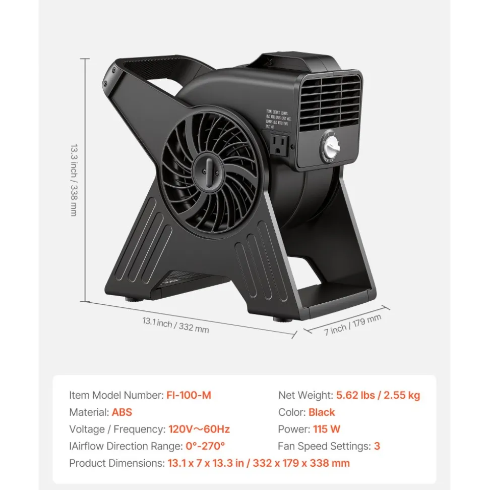 VEVOR Blower Fan, 13 in Portable Utility Floor Fan, 300 CFM, 3 Speeds, Multi-Angle Airflow, Lightweight Portable High Velocity Air Mover, for Drying, Dehumidifying, Carpets, Air Circulation, Cooling