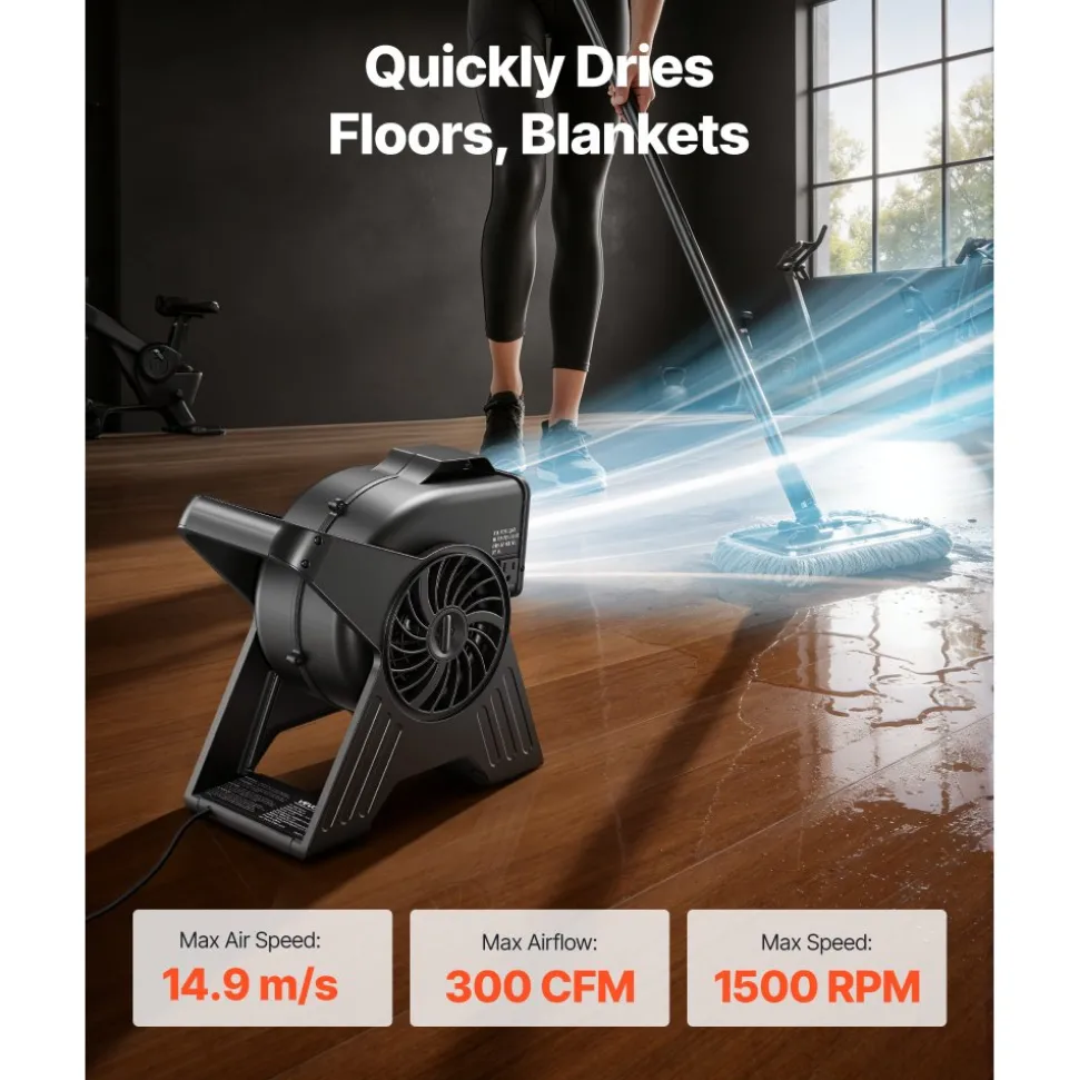 VEVOR Blower Fan, 13 in Portable Utility Floor Fan, 300 CFM, 3 Speeds, Multi-Angle Airflow, Lightweight Portable High Velocity Air Mover, for Drying, Dehumidifying, Carpets, Air Circulation, Cooling