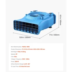 VEVOR Blower Fan, Low Profile Air Mover Carpet Dryer, 1000 CFM, 2 Speeds, Multi-Angle Airflow, Lightweight Portable for Crawlspaces, Attics, Basements, Bathrooms, Water Damage Restoration, Blue