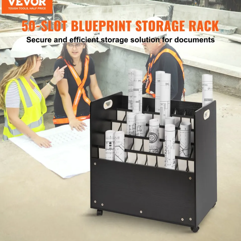 VEVOR Blueprint Storage Rack, 50 Slots Mobile Blueprint Storage Cabinet, Wooden Roll File Organizer Cart for Construction Plan Map Poster Architectural, Blueprint File Holder for Home, Office, School