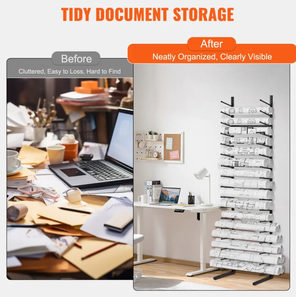 VEVOR Blueprint Storage Rack, Hanging Poster Display Rack 16-Tier, Vertical Blueprint Roll File Holder 2 Rolls/tire, Roll File Storage Rack for Blueprint Map Poster