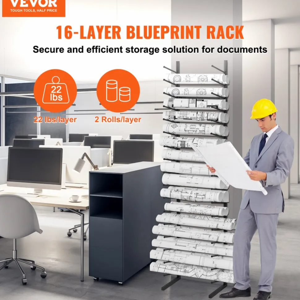 VEVOR Blueprint Storage Rack, Hanging Poster Display Rack 16-Tier, Vertical Blueprint Roll File Holder 2 Rolls/tire, Roll File Storage Rack for Blueprint Map Poster