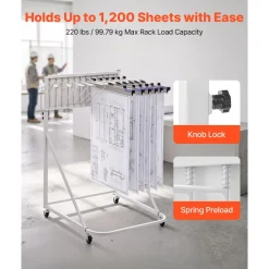 VEVOR Blueprint Storage Rack, Steel, Mobile Adjustable Blueprint Holder with 6 Pack of 24 Inch Aluminum Clamps, 4 Wheels, Display Rack Storage Organizer Stand, for File Display Plan Poster Office Home
