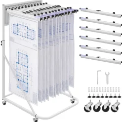 VEVOR Blueprint Storage Rack, Steel, Mobile Adjustable Blueprint Holder with 6 Pack of 24 Inch Aluminum Clamps, 4 Wheels, Display Rack Storage Organizer Stand, for File Display Plan Poster Office Home