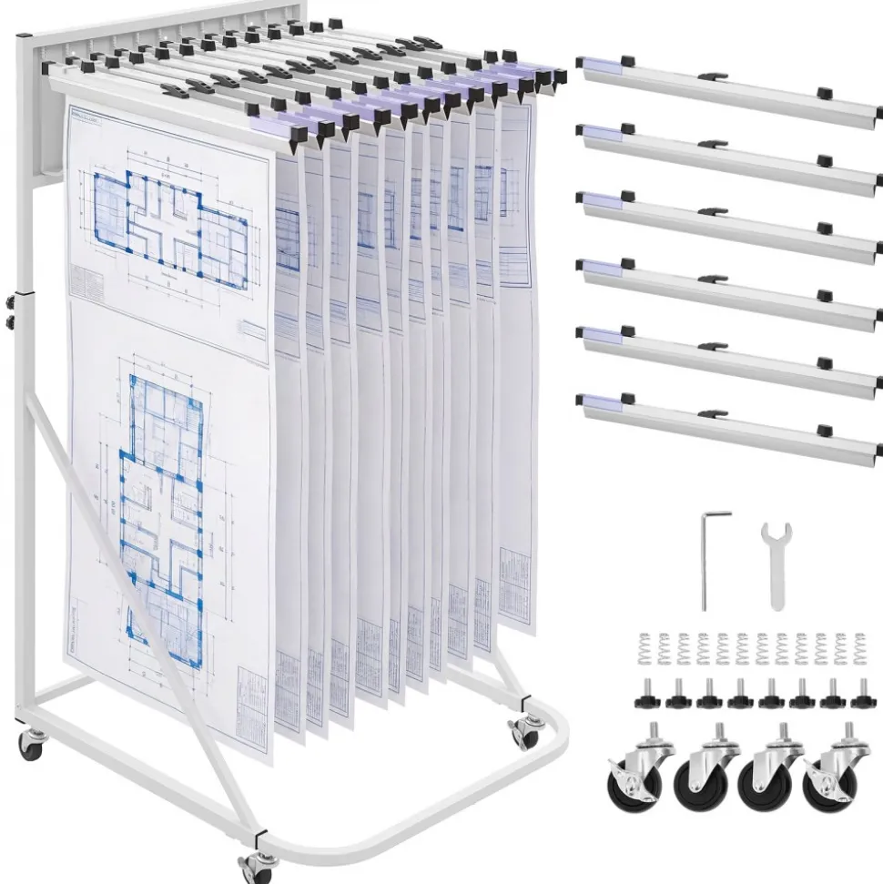 VEVOR Blueprint Storage Rack, Steel, Mobile Adjustable Blueprint Holder with 6 Pack of 24 Inch Aluminum Clamps, 4 Wheels, Display Rack Storage Organizer Stand, for File Display Plan Poster Office Home