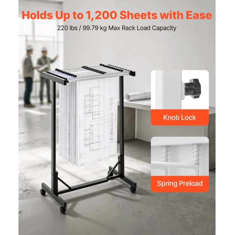 VEVOR Blueprint Storage Rack, Steel, Mobile Adjustable Blueprint Holder with 12 Pack of 30 Inch Aluminum Clamps, Wheels, Display Rack Storage Organizer Stand, for File Display Plan Poster Office Home