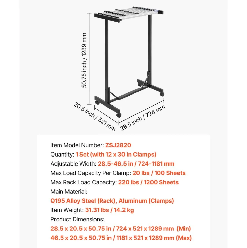 VEVOR Blueprint Storage Rack, Steel, Mobile Adjustable Blueprint Holder with 12 Pack of 30 Inch Aluminum Clamps, Wheels, Display Rack Storage Organizer Stand, for File Display Plan Poster Office Home