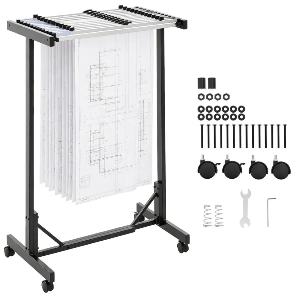 VEVOR Blueprint Storage Rack, Steel, Mobile Adjustable Blueprint Holder with 12 Pack of 30 Inch Aluminum Clamps, Wheels, Display Rack Storage Organizer Stand, for File Display Plan Poster Office Home