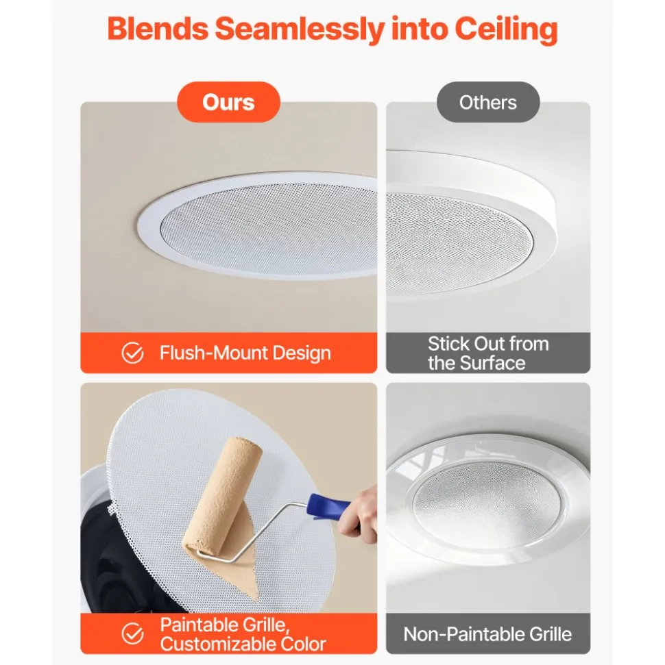 VEVOR Bluetooth Ceiling Speakers, 6.5", In Ceiling & In-Wall Speaker System with Amplifier, 2-Way, for Damp and Humid Placement, Home Theater, Covered Outdoor Patio and Flush Mount Wired, 4 Speakers