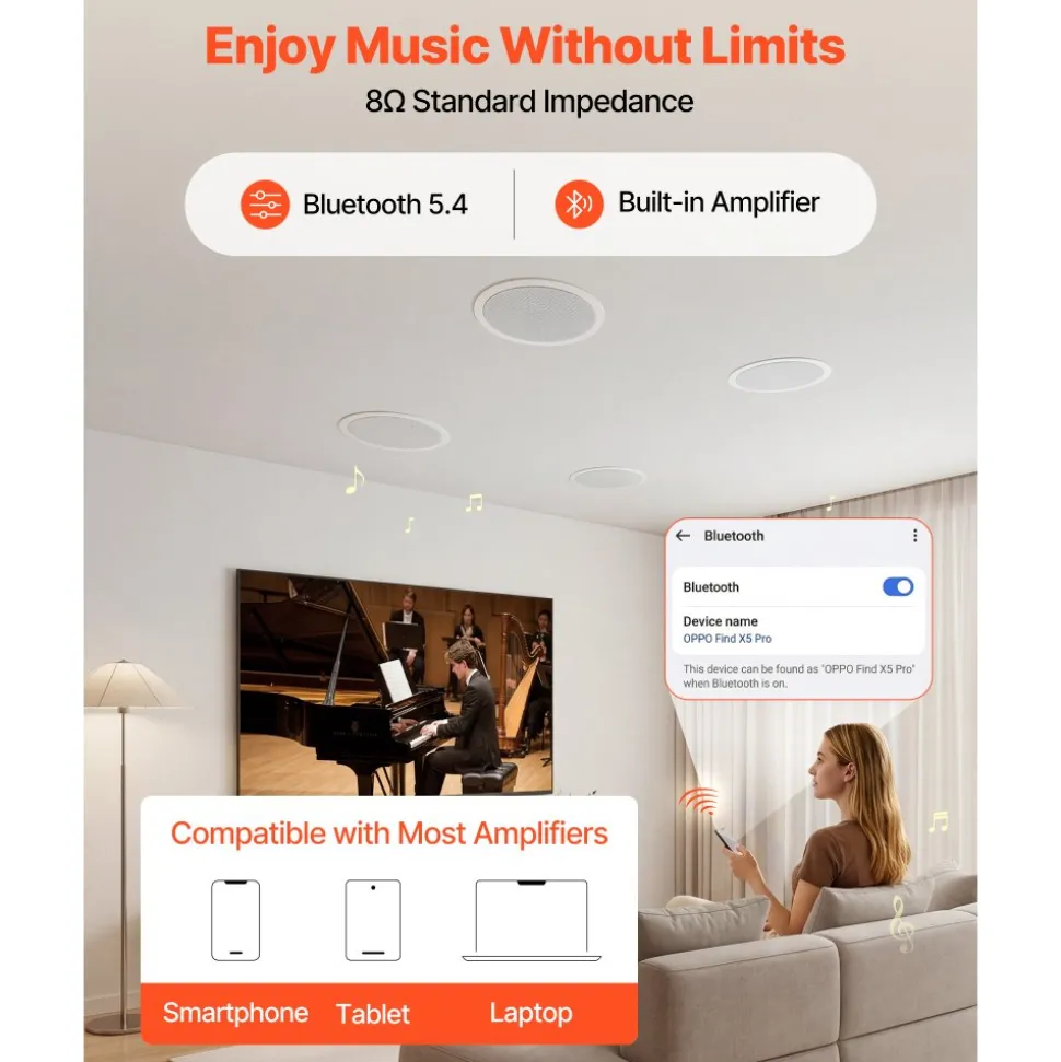 VEVOR Bluetooth Ceiling Speakers, 6.5", In Ceiling & In-Wall Speaker System with Amplifier, 2-Way, for Damp and Humid Placement, Home Theater, Covered Outdoor Patio and Flush Mount Wired, 4 Speakers