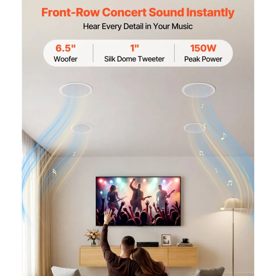 VEVOR Bluetooth Ceiling Speakers, 6.5", In Ceiling & In-Wall Speaker System with Amplifier, 2-Way, for Damp and Humid Placement, Home Theater, Covered Outdoor Patio and Flush Mount Wired, 4 Speakers