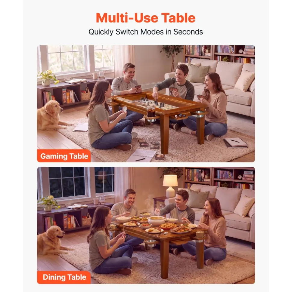 VEVOR Board Game Table 2-in-1 Gaming and Dining Table 47.2 x 23.6 x 17.7 in, Roomy for 4 Players, with Removable Tabletop, Leather Gaming Mat, 4 Cup Holders & Sliding Trays, 300LBS Solid Wood Support