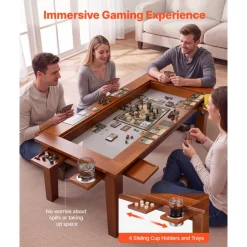 VEVOR Board Game Table 2-in-1 Gaming and Dining Table 47.2 x 23.6 x 17.7 in, Roomy for 4 Players, with Removable Tabletop, Leather Gaming Mat, 4 Cup Holders & Sliding Trays, 300LBS Solid Wood Support