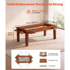 VEVOR Board Game Table 2-in-1 Gaming and Dining Table 47.2 x 23.6 x 17.7 in, Roomy for 4 Players, with Removable Tabletop, Leather Gaming Mat, 4 Cup Holders & Sliding Trays, 300LBS Solid Wood Support