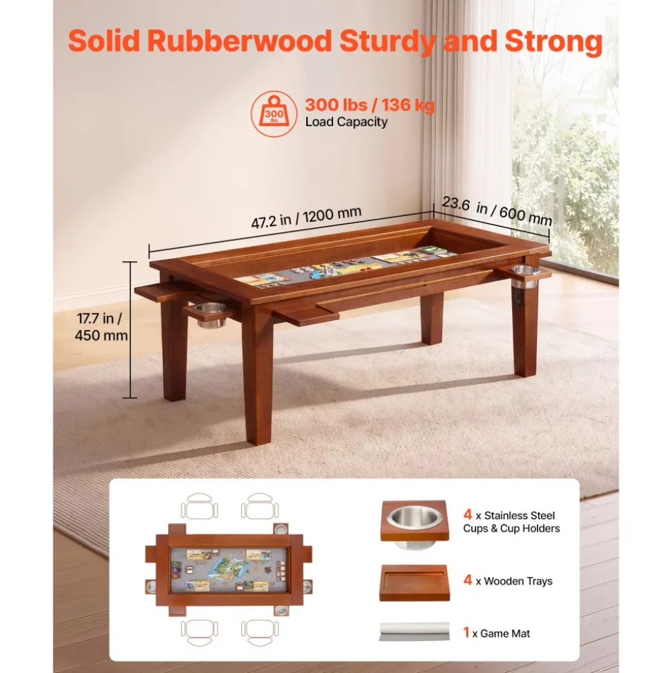 VEVOR Board Game Table 2-in-1 Gaming and Dining Table 47.2 x 23.6 x 17.7 in, Roomy for 4 Players, with Removable Tabletop, Leather Gaming Mat, 4 Cup Holders & Sliding Trays, 300LBS Solid Wood Support