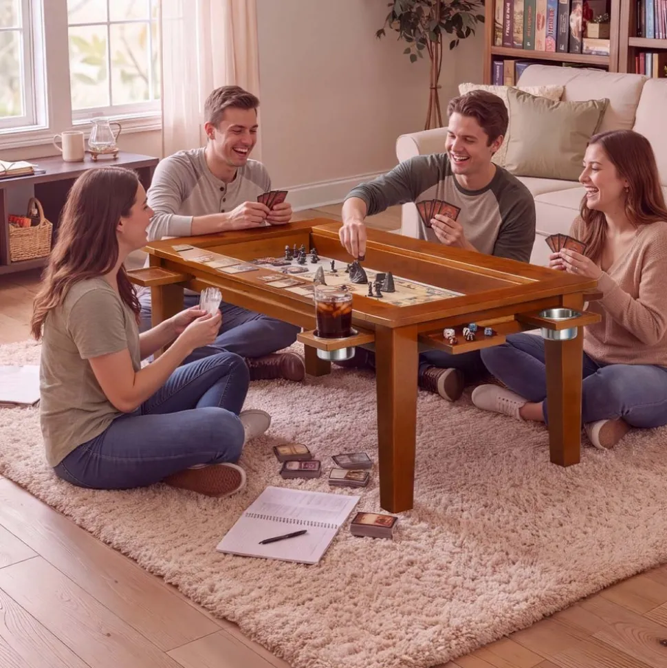 VEVOR Board Game Table 2-in-1 Gaming and Dining Table 47.2 x 23.6 x 17.7 in, Roomy for 4 Players, with Removable Tabletop, Leather Gaming Mat, 4 Cup Holders & Sliding Trays, 300LBS Solid Wood Support