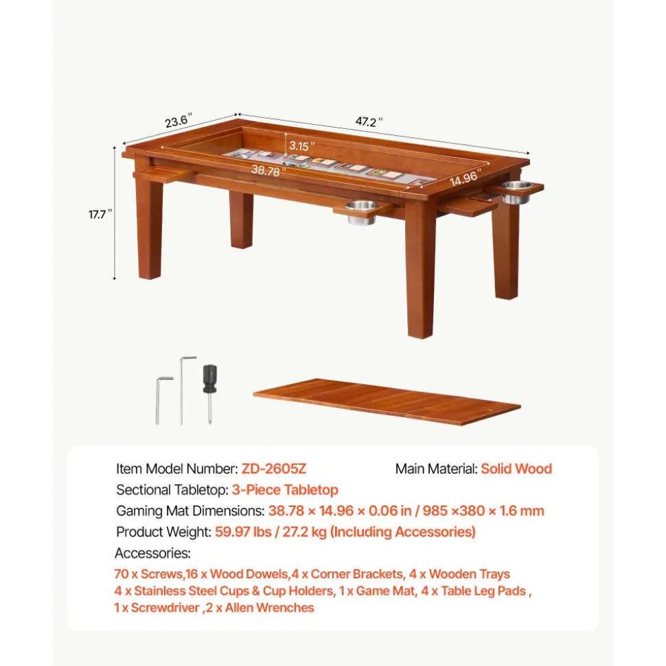 VEVOR Board Game Table 2-in-1 Gaming and Dining Table 47.2 x 23.6 x 17.7 in, Roomy for 4 Players, with Removable Tabletop, Leather Gaming Mat, 4 Cup Holders & Sliding Trays, 300LBS Solid Wood Support