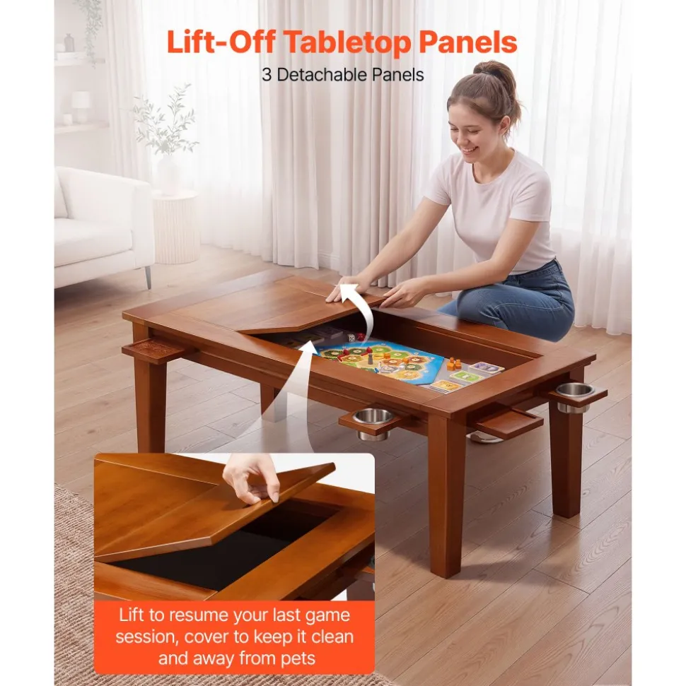 VEVOR Board Game Table 2-in-1 Gaming and Dining Table 47.2 x 23.6 x 17.7 in, Roomy for 4 Players, with Removable Tabletop, Leather Gaming Mat, 4 Cup Holders & Sliding Trays, 300LBS Solid Wood Support