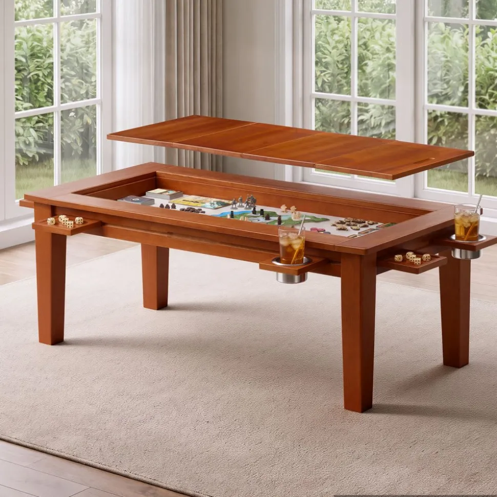 VEVOR Board Game Table 2-in-1 Gaming and Dining Table 47.2 x 23.6 x 17.7 in, Roomy for 4 Players, with Removable Tabletop, Leather Gaming Mat, 4 Cup Holders & Sliding Trays, 300LBS Solid Wood Support