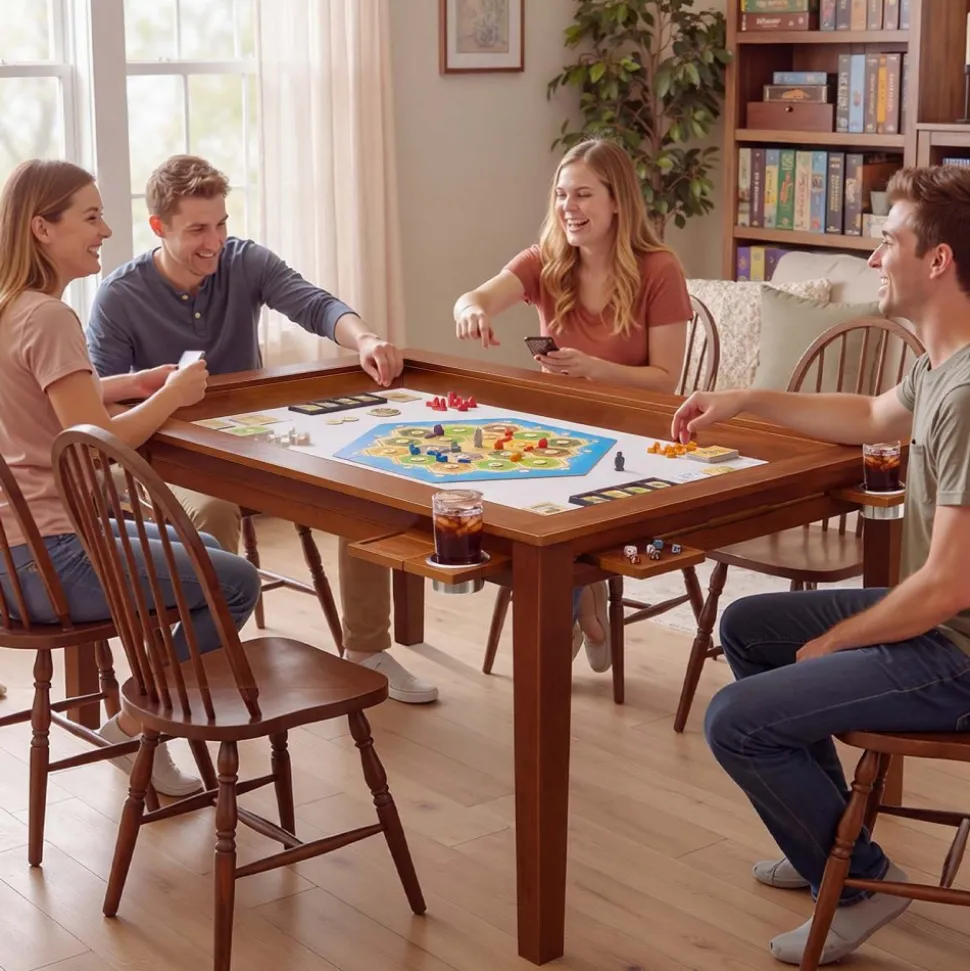 VEVOR Board Game Table 2-in-1 Gaming and Dining Table 63 x 39.4 x 30 in, Roomy for 6 Players, with Removable Tabletop, Leather Gaming Mat, 6 Cup Holders & Sliding Trays, 440LBS Solid Wood Support