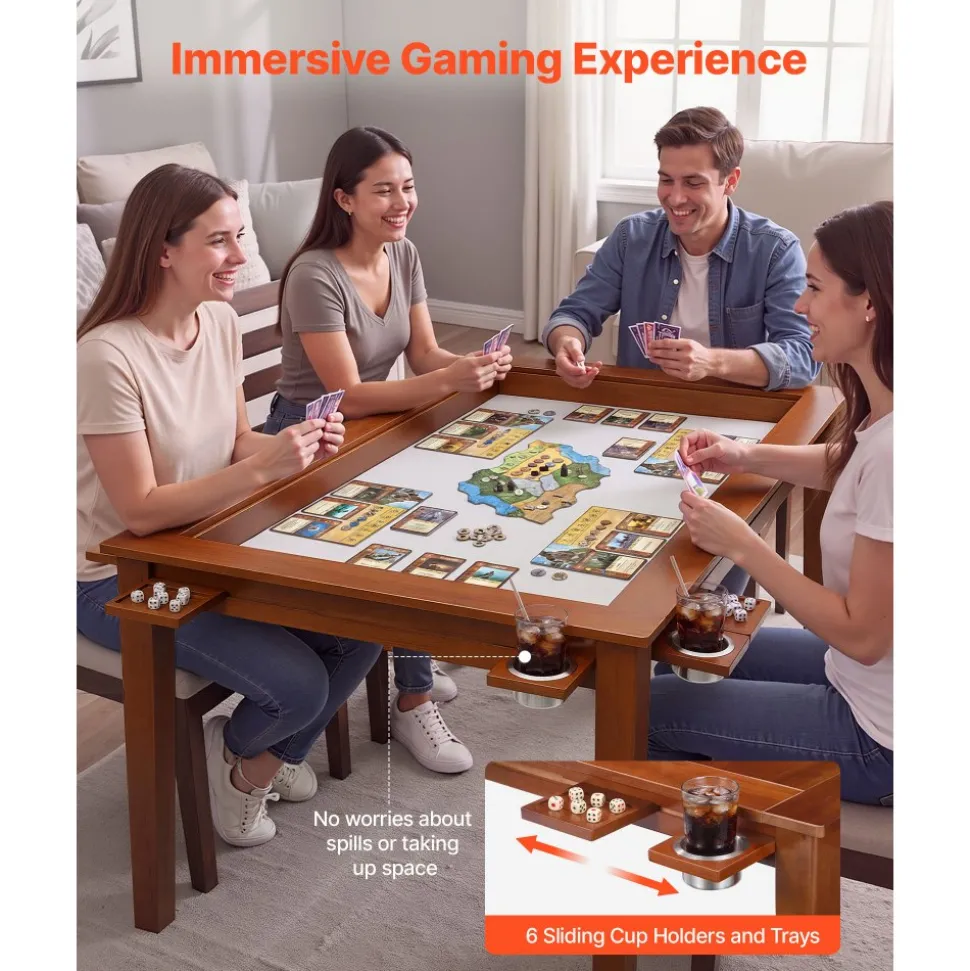 VEVOR Board Game Table 2-in-1 Gaming and Dining Table 63 x 39.4 x 30 in, Roomy for 6 Players, with Removable Tabletop, Leather Gaming Mat, 6 Cup Holders & Sliding Trays, 440LBS Solid Wood Support