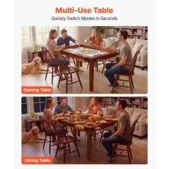 VEVOR Board Game Table 2-in-1 Gaming and Dining Table 63 x 39.4 x 30 in, Roomy for 6 Players, with Removable Tabletop, Leather Gaming Mat, 6 Cup Holders & Sliding Trays, 440LBS Solid Wood Support